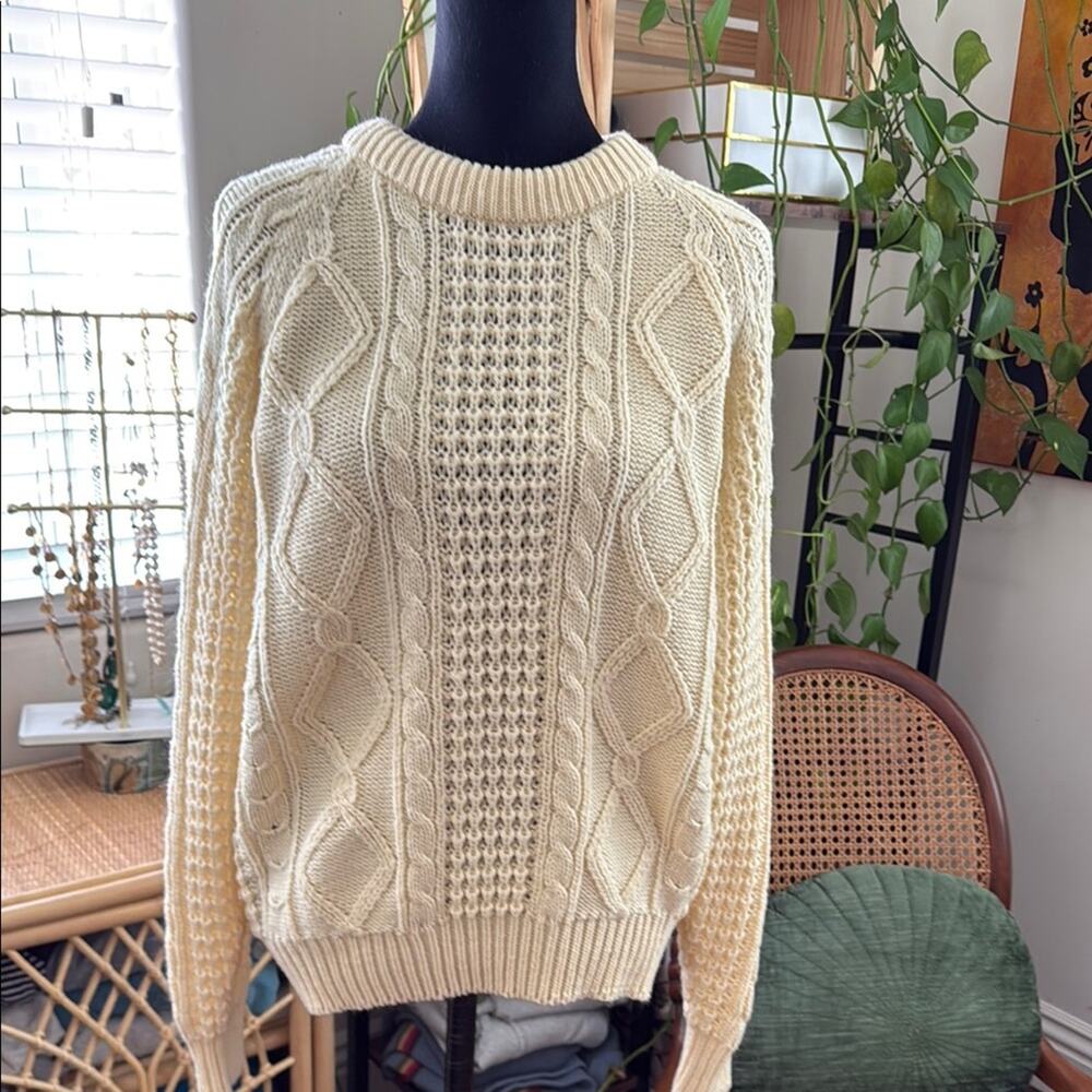 Vintage 80s Brittany Bay Cream Nantucket Fisherman Cable Knit Pullover Sweater